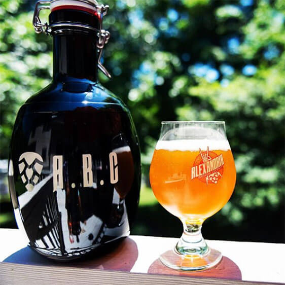 Alexandria Brewing Company Growler and Glass Alexandria Brewing Company's alternate mark and logo featured on a growler and glass